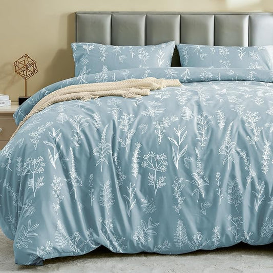 MUXHOMO Duvet Cover Twin/Twin XL Size Set, Reversible Floral Mineral Blue Duvet Cover with Zipper Closure, 2 Pieces Botanical Patterns Soft Bedding Set with 4 Ties (68"x90", 1 Pillow Case)