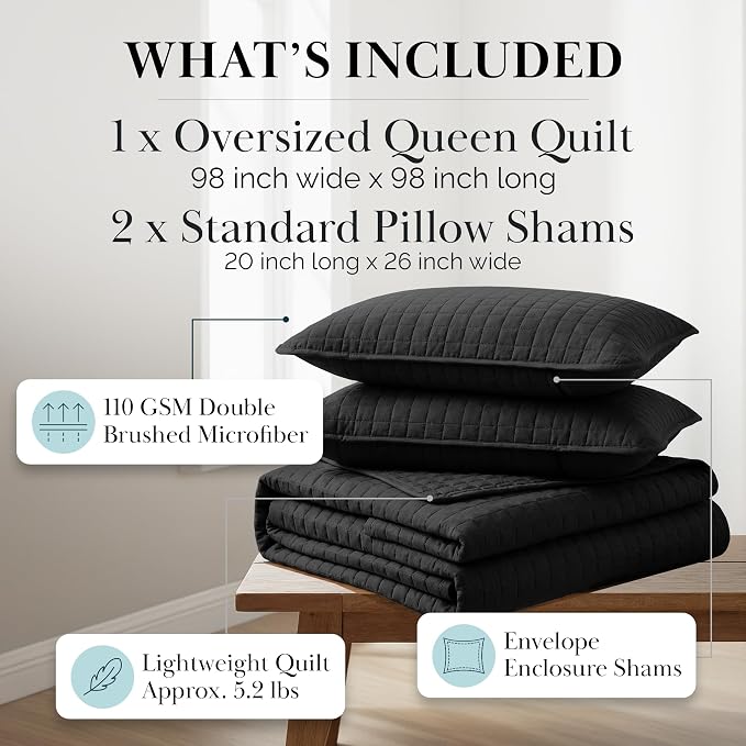 Southshore Fine Living, Inc. Quilts Queen Size Sets, Full Quilt Bedding Set, Pet Hair Resistant Bedding Coverlet Queen Size, Full Size Quilt, Microfiber Bedspread with 2 Pillow Shams, Black Quilts