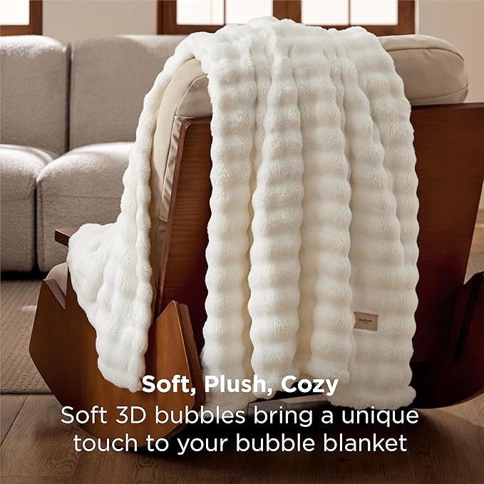 Bedsure 3D Fleece Bubble Blanket for Couch - GentleSoft White Throw Blanket for Sofa Bed Room Decor - Luxury Soft Cozy Gifts for Women, Lightweight, All Seasons, Off White, 50"×70"