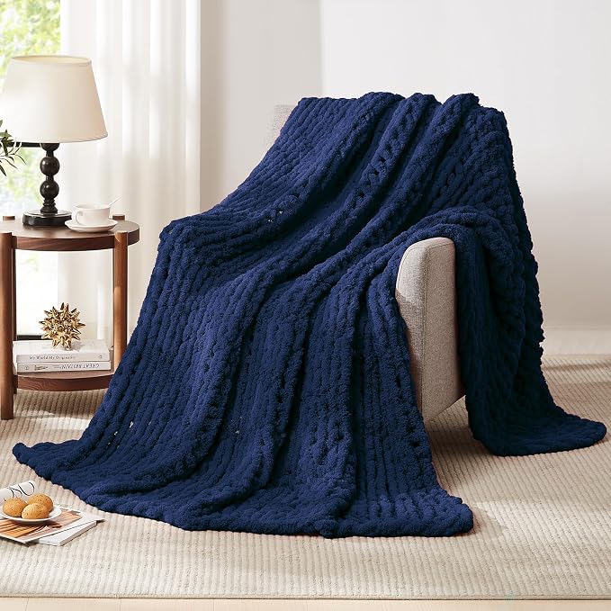 L'AGRATY Chunky Knit Throw Blanket for Couch, 50 x 60 Inches, Dark Blue | Handmade Chenille Crochet Blanket for Sofa Bed, Thick Cable Knitted Blankets for Room Home Decor, Birthday Gift for Women Mom