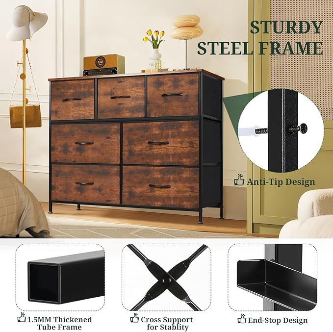 7-Drawer Dresser for Bedroom, Anti-Tip Wide Storage Organizer Fabric | Chest of Drawers TV Stand for 45" TV with Wooden Top and Metal Frame for Closet, Living Room, Hallway, Entryway, Brown