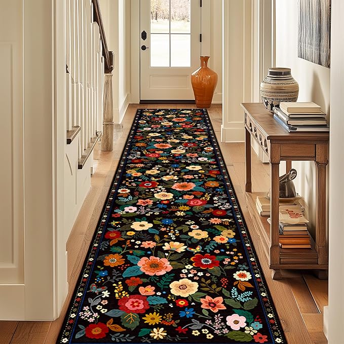 Floral Washable 2x10 Area Rugs Runner Entryway Hallway Black | Flower Carpet, Print, Boho, Non-Slip, Easy to Clean, Low Pile, Soft, for Living Room Bedroom Kitchen Office Entrance