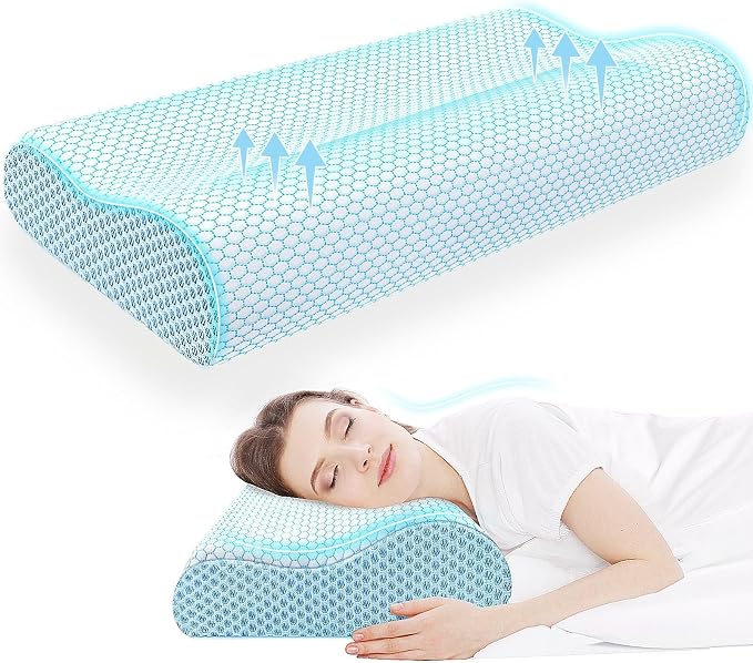 Neck Pillow for Sleeping, Ergonomic Cervical Bed Pillow, Blue Queen Size | Memory Foam Bed Pillow for Side Back Stomach Sleepers, Contour Fit Neck Pillow for Sleeping and Neck Pain Relief
