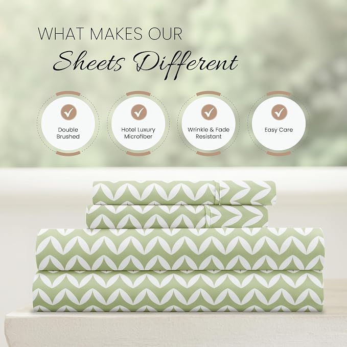 Linen Market Double-Brushed Patterned Microfiber Full Sheet Set 4 Piece – Oeko-TEX Certified Ultra Soft & Wrinkle-Free - 16" Deep Pocket Sheets - Easy Care Full Size - Puffed Chevron Sage