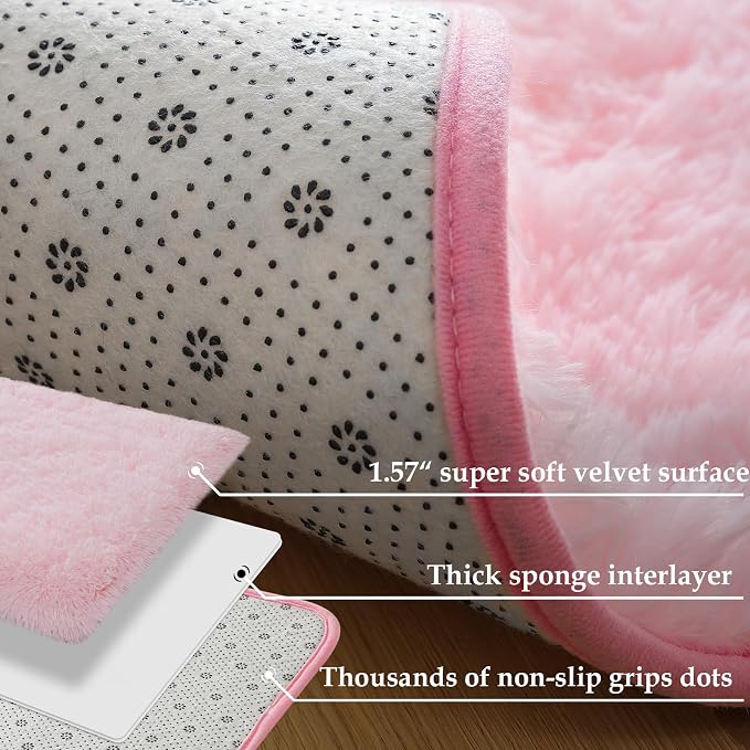 Soft Fluffy Rugs Pink Girls Bedroom Nursery Rug, 2x4 Small Shaggy Non-Slip Bedside Rug for Dorm Kids Room Carpet, Plush Furry Area Rugs Livingroom Accent Floor Indoor Holiday Decor