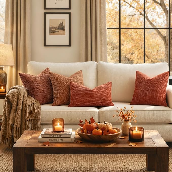 MIULEE Fall Decorative Lumbar Throw Pillow Covers 12x20 Burnt Orange 2 Pack | Modern Boho Accent, Soft Chenille Pillow Covers, Farmhouse Cushion Cases for Couch Bed Sofa Living Room Home Decor