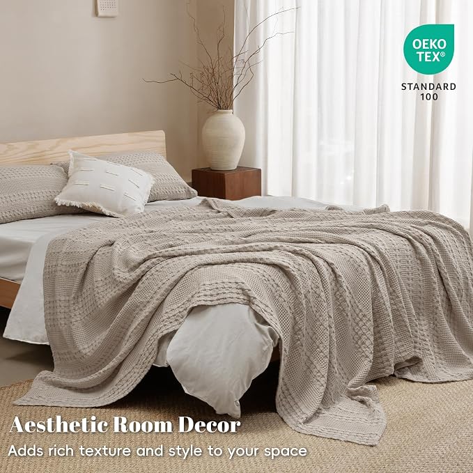 PHF Lightweight 100% Cotton Waffle Blanket for Bed, Queen, Pearl Gray | Pre-Washed Soft Cotton Comfort, Breathable Layering Warmth for Fall & Winter, Bed, Sofa, Couch, Home Decor & Gifts