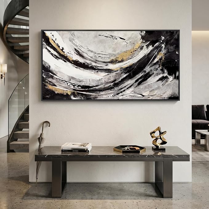 Extra Large Framed Black and White Abstract Wall Art for Living Room, 60x30 | Black gold pictures, Canvas prints, Wood frame, Modern painting artwork for walls, Wall decor for dining room bedroom hallway