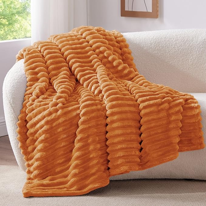 BEDELITE Ribbed Fleece Fall Twin Blanket, Burnt Orange, 60"x80" | Soft Cozy Blanket, 3D Ribbed Design, Autumn Home Decor Accent, Lightweight Throw for Couch, Bed, Halloween & Thanksgiving