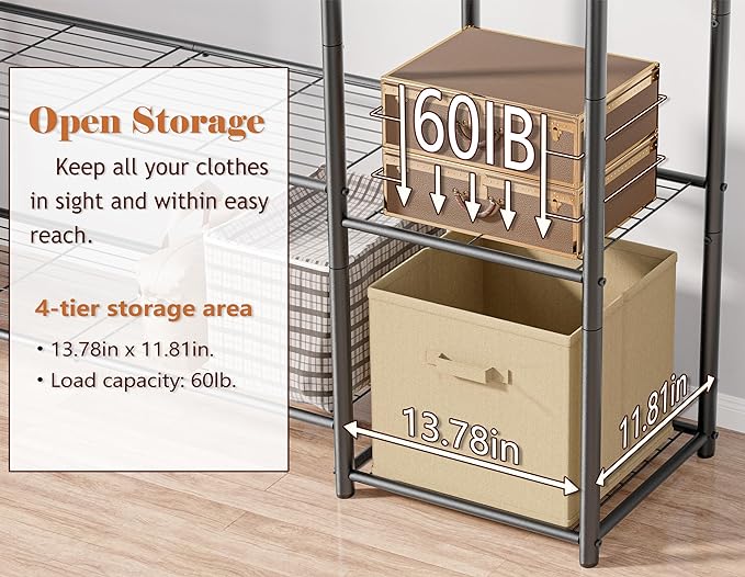 HOMIDEC Wardrobe Closet,Portable Clothes Rack with 4 Tiers Shelves | Freestanding Closet Organizers and Storage System with Hanging Rod,Steel Clothing Rack Suitable for Cloakrooms,Bedrooms.Black