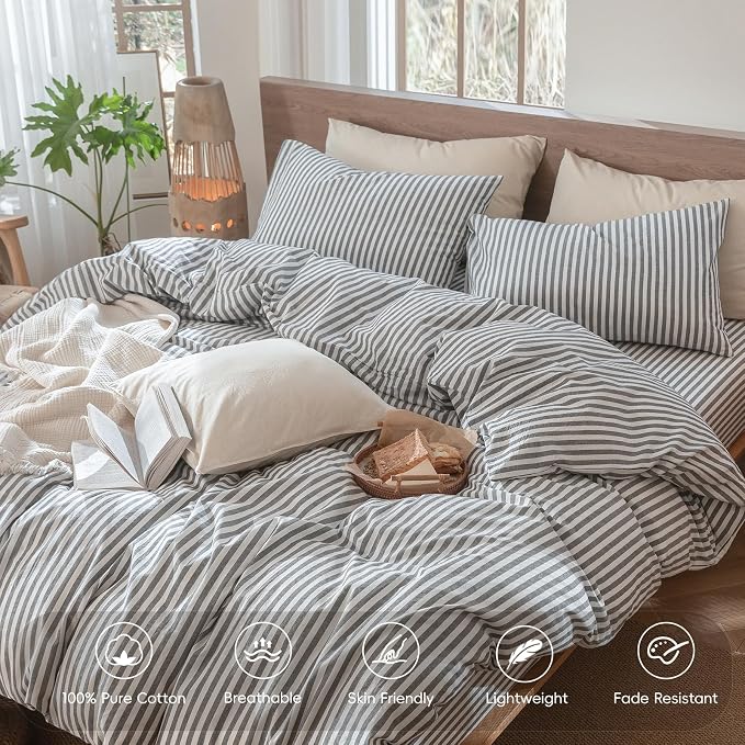 MooMee Striped Duvet Cover Set 100% Washed Cotton Linen Like | Relaxed Linen-like Texture. Soft, Breathable & Long-lasting Comfort. Lightweight. Hidden Zipper with 8 Interior Corner Ties