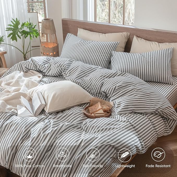 MooMee Striped Duvet Cover Set 100% Washed Cotton Linen Like Oversized King | Relaxed Linen-like Texture. Soft, Breathable & Long-lasting Comfort. Lightweight. Hidden Zipper with 8 Interior Corner Ties