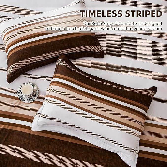 Dobuyly Fall Brown Comforter Full Size Set 7 Pieces, Boho Striped Bed in a Bag Full Soft Microfiber Bedding Set with Comforter, Sheets, Pillowcases & Shams