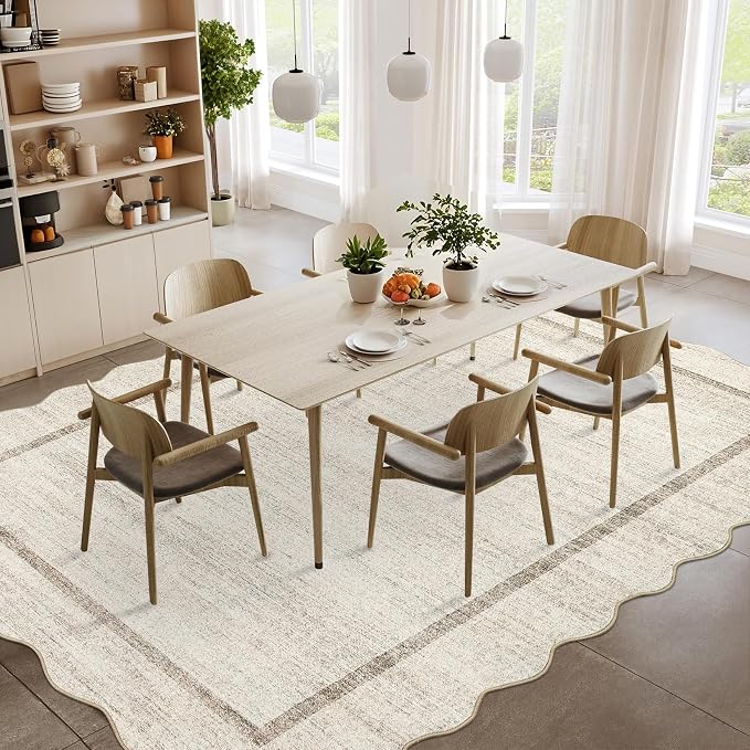 GarveeHome Scalloped Washable Rug 4x6 Boho Living Room Area Rug, Beige | Bordered Non-Slip Farmhouse Bedroom Carpet Dorm Room Throw Rug, Low Pile Soft Accent Mat for Kitchen Entry Office