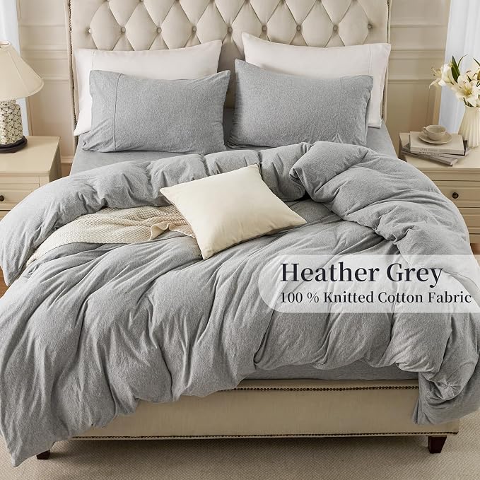 PURE ERA Jersey Knit Sheet Set Heather Light Grey California King | 100% Cotton, 3 Piece Set, T Shirt Soft, Breathable, Envelope Closure Pillowcases, Hidden Zipper, 8 Ties, No Insert, Modern