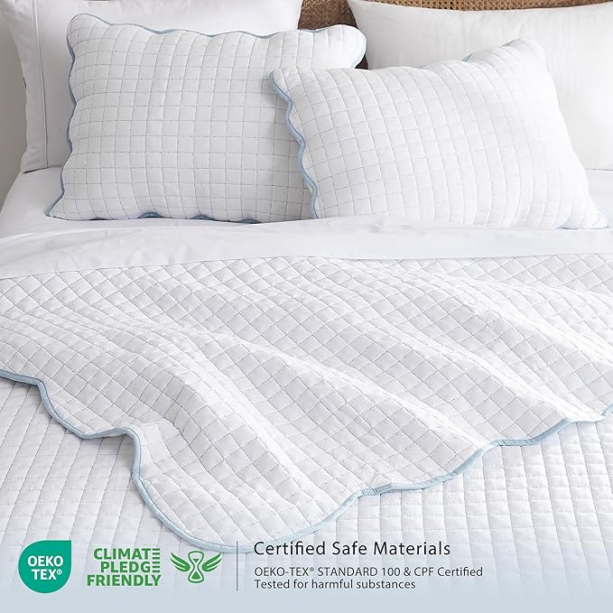 WDCOZY White Oversized California King Size Quilt Bedding Set, Cal King Scalloped Farmhouse Country Rustic Lightweight Soft Coverlet for All Season, Cute Cozy Kantha Pick Stitch Bedspread
