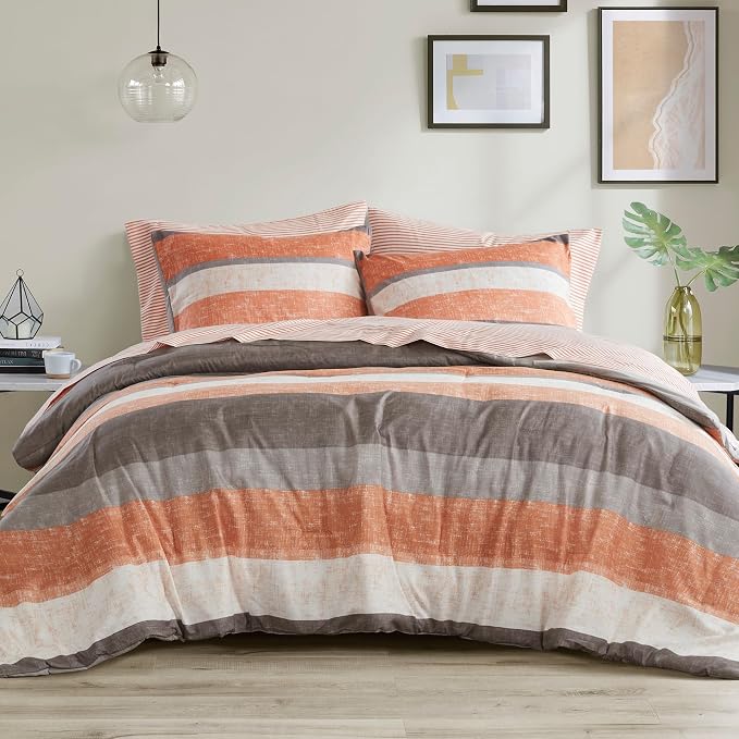 Madison Park Essentials Jaxon Queen Comforter Set, Bed in A Bag Comforter & Sheet Set, Modern Casual Stripes Print, All Seasons, Soft Bedding Makeover, Matching Sham, Queen Coral/Grey 7 Piece