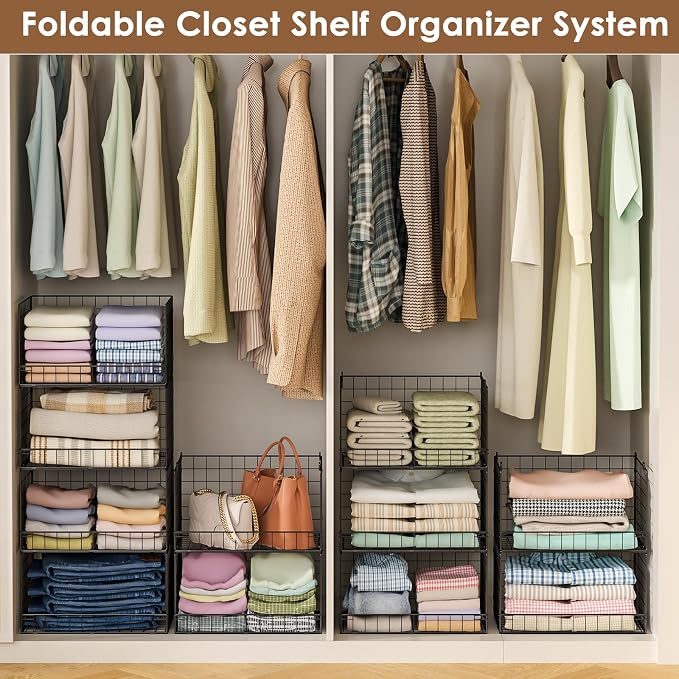Yociyoga 3-Tier Stackable Closet Organizers and Storage Shelves, Foldable Closet Shelf Organizer, Stackable Storage Bins Drawers for Closet Organizer System, Black(Patent No. 30022416)