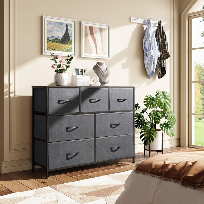 WLIVE Dresser for Bedroom, 7 Drawers, TV Stand, Dark Grey | 7 roomy fabric drawers, Fits TVs up to 45 inch, Bedroom or living room, Wide storage design, Chest of drawers
