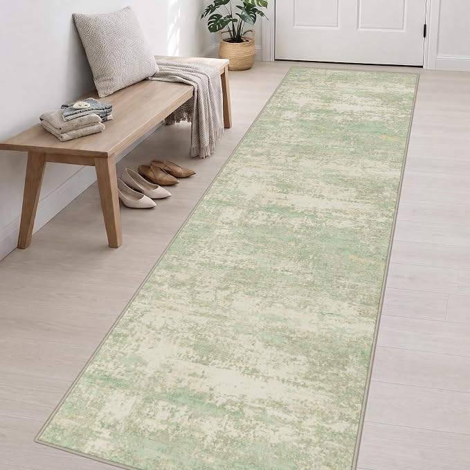 3x14 Washable Runner Rug：Modern Abstract Soft Carpet Green Cream | For Hallway, Bedroom, Kitchen, Laundry, Bathroom,Door Mat,Modern Abstract,Machine washable,Non-Slip,Stain Resistant,Indoor