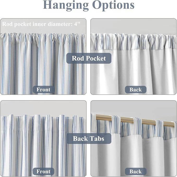 ZJDECOR 90 Inch Blue Striped Full Blackout Curtain Panels for Bedroom | Stripes on White Cotton Blend Light Filtering Fabric with White Liner,Back Tab Rod Pocket Window Treatment,55"Wx90"Lx2