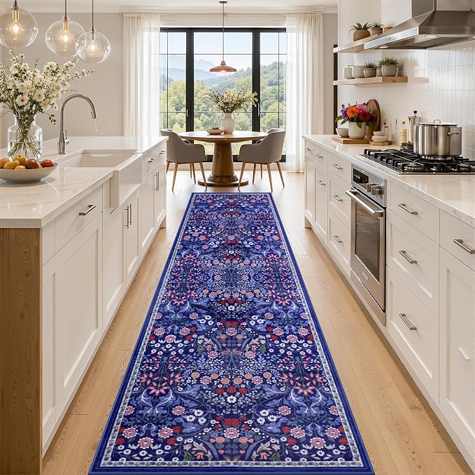 PLHXFR 2.6x14 Washable Runner Rug：Floral Indoor Kitchen Soft Carpet Blue | For Hallway Bedroom Kitchen Laundry Bathroom Dorm,Vintage Floral,Machine washable,Non Slip,Stain Resistant,Indoor Floor