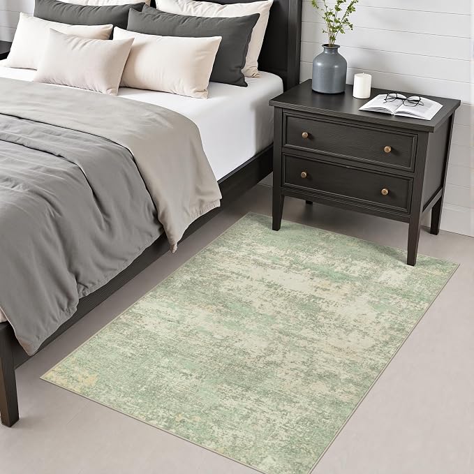 Area Rug Living Room: 3x5 Modern Washable Soft Carpet Green Cream | For Hallway, Bedroom, Kitchen, Laundry, Bathroom,Door Mat,Modern Abstract,Machine washable,Non-Slip,Stain Resistant,Indoor
