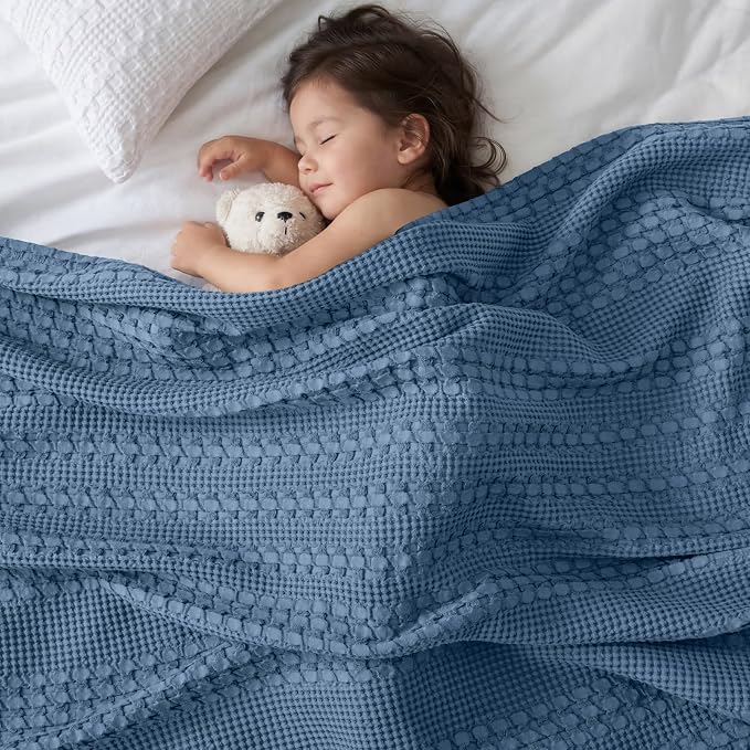 PHF Lightweight 100% Cotton Waffle Blanket for Bed, Twin XL, Denim Blue | Pre-Washed Soft Cotton Comfort, Breathable Layering Warmth for Fall & Winter, Couch & Guest Room, Couch, Home Decor & Gifts