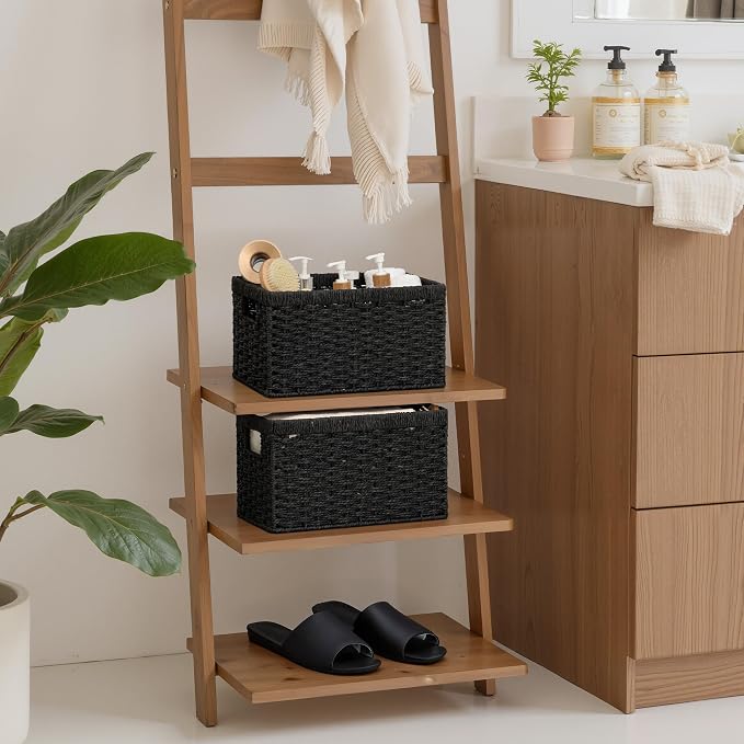 StorageWorks Wicker Storage Baskets for Organizing, Black Baskets, 2-Pack | Paper Rope Black Wicker Baskets, Wicker Storage Baskets for Shelves, Pantry Organizers and Storage, Black Woven Baskets