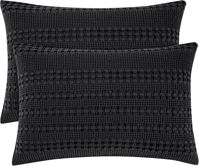 PHF 100% Cotton Waffle Pillow Shams King Size, 2 Pack 20" x 36" Soft Skin-Friendly Pillowcases, No Filling, Aesthetic Woven and Breathable Waffle Weave Pillow Case Covers for Bed, Black