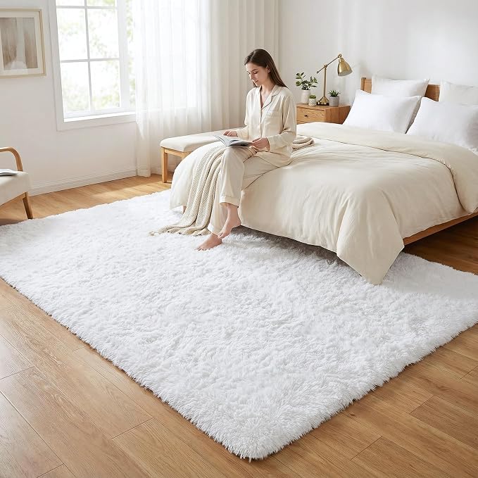 Soft Modern Indoor Large Shaggy Rug for Livingroom Bedroom Dorm Kids Room Home Decorative, Non-Slip Plush Fluffy Furry Fur Area Rugs Comfy Nursery Accent Floor Carpet 8x10 Feet, White