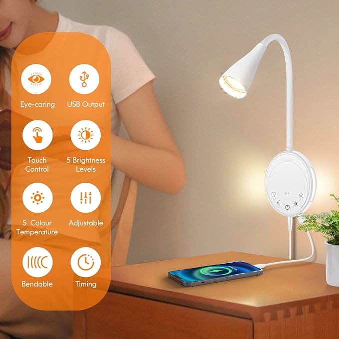 SANKEDOU LED Wall Mount Reading Light, Bedside Reading Lights, 5 Dimmable | Touch Control, USB Output, Night Light & Timers, Flexible Gooseneck Headboard Bed Lights wall Sconce (White-2P)