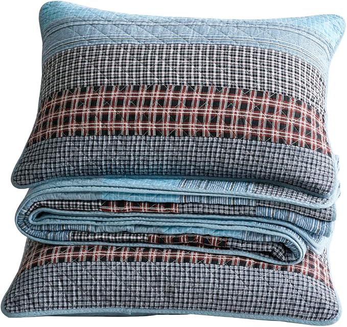 Chezmoi Collection Lincoln 3-Piece Pre-Washed Cotton Patchwork Quilt Set King - Solid Plaid Multi Striped Coverlet Set - Lightweight Reversible Bedspread Bedding Set King Size