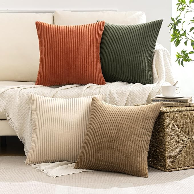 MIULEE Fall Corduroy Decorative Throw Pillow Covers Rust-Olive Green 24x24 | Set of 4, Vintage Fall Decor, Rustic Brown Green Collection, Boho Farmhouse Cushion Covers for Couch Bed Sofa Living Room