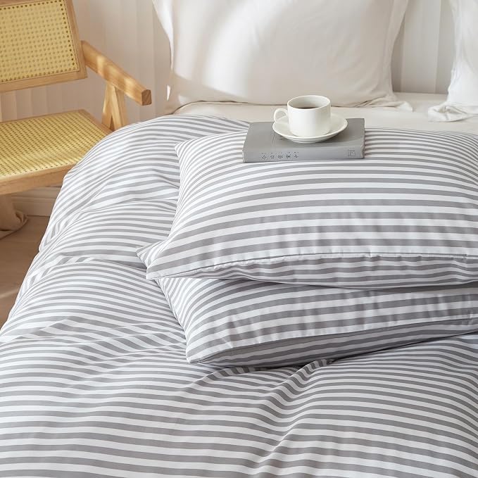 King Size Comforter Set 3 Pieces Striped Comforter Set King Modern Style Boho Bedding Comforter White Grey Stripes Pattern Comforter Set Fluffy Lightweight Farmhouse Bed Comforter for All Season