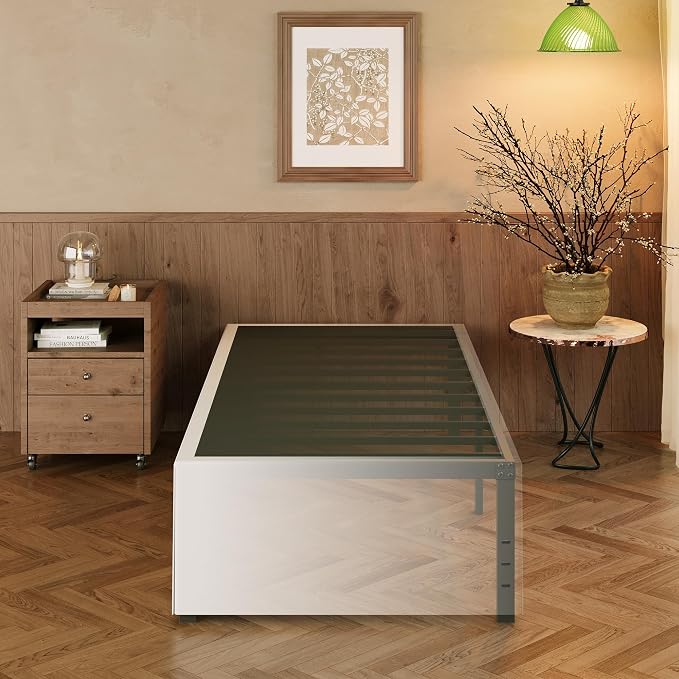 EMODA 18 Inch Twin Bed Frames with White Cover Skirt, Heavy Duty Metal Twin Platform Bed Frame No Box Spring Needed, Noise Free, Easy Assembly