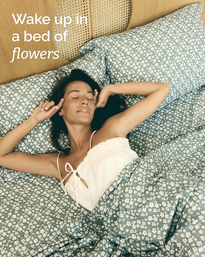 Twin 3 Piece Floral Sheet Set - Soft, Breathable & Cooling - Green Meadow | 1 Flat, 1 Fitted & 1 Pillowcase w/ Deep Pockets, Boho Botanical Floral Bedding, Breathable & Cooling, Wrinkle & Fade Free