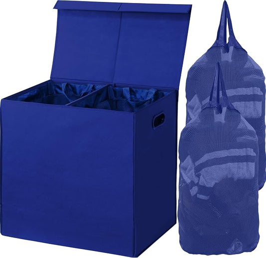 Simple Houseware Double Laundry Hamper with Lid & Removable Bags, Dark Blue