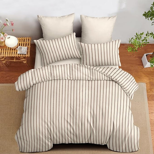 Nayoroom Striped Duvet Cover Set Queen Brown Pinstripe Bedding | Modern Farmhouse Neutral Bedding, Soft Breathable Washed Microfiber, All-Season Comfort, Hidden Zipper, 4 Corner Ties