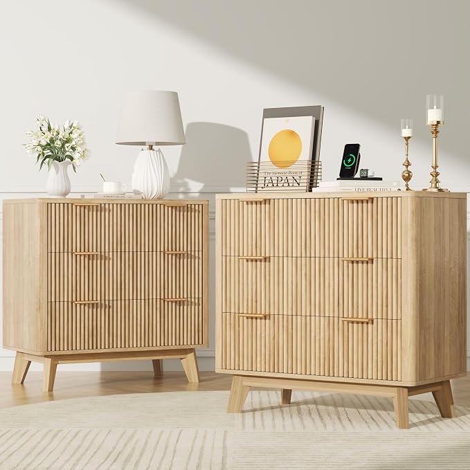 Fluest 32” Tall Nightstands with Fast Charging Station, 32” Wide Fluted Night Stand with 3 Large Drawers, Modern End Table Beside Table for Bedroom, Curved Profile Design, Natural