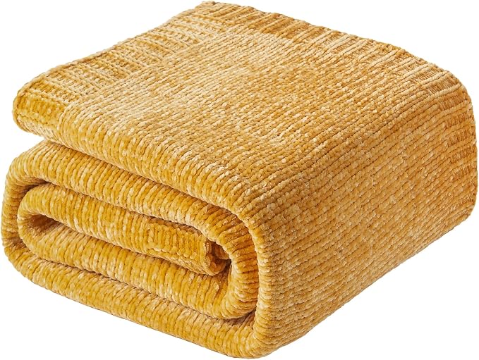 Mustard Yellow Throw Blanket for Couch, Chenille Throw Blanket 51"x67" | Shiny Chenille Blanket, Cozy Brethable Knit Throw Blanket, Fall Mustard Blanket for Bed Sofa Home Decor