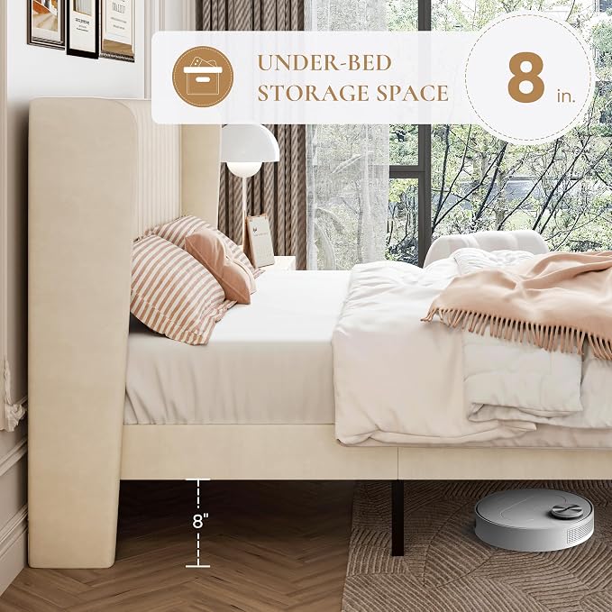 SHA CERLIN King Size Velvet Bed Frame, Tufted Wingback Headboard, Cream | 47'' Modern Vertical Channel Headboard, Upholstered Platform Bed, Wood Slats, No Box Spring Needed, Easy Assembly, Noise Free