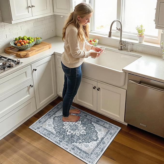 RELEANY Washable Area Rug, Small 2'x3', Grey/White/Beige | Non-Slip, Water Repellent, Pet Friendly, Easy to Clean, Vintage Floral Boho Decor for Kitchen Entryway Bathroom