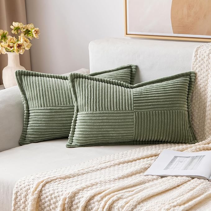 MIULEE Decorative Lumbar Throw Pillow Covers 12x20 Light Olive Green 2 Pack | Boho Broadside Striped Patchwork Pillow Covers, Soft Corduroy Cushion Cases, For Couch Sofa Bed Livingroom Home Decor