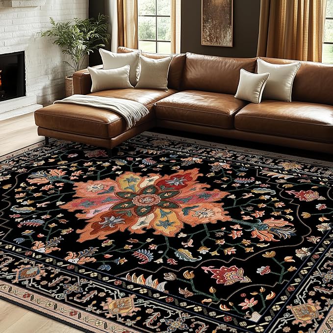 RELEANY Washable Area Rug, 7'x10', Black/Colorful | Non-Slip, Water Repellent, Pet Friendly, Easy to Clean, Vintage Floral Boho Decor for Living Room Bedroom Dining Room Office