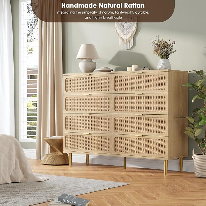 GarveeHome Rattan 8 Drawer Dressers for Bedroom, Deep Drawer, Natural | Tall Dresser, Wide Top, for Living Room, Hallway, Kids Room, Large Chest of Drawers for Closet, Long Wooden Dresser