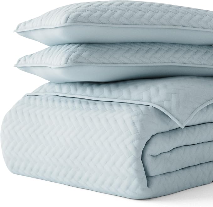 Merit Linens Classic Quilt Coverlet Soft Set in Herringbone Stitching - Full/Queen Pale Blue