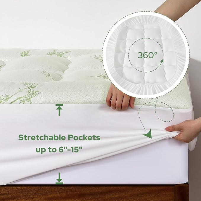 BEDLORE Twin XL Mattress Topper Viscose Bamboo, Pillow Top Mattress Pad | Deep Pockets Fit 6”-15” Mattress, Soft Breathable Thick Dorm-Size Mattress Topper for Students and Hot Sleepers(Green)
