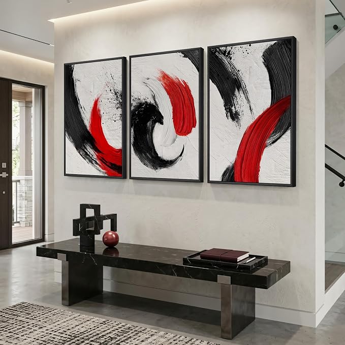 Large Framed Red Black White Abstract Wall Art for Living Room, 3 Piece | Modern Canvas Prints, Minimalist Paintings, Red Black Pictures, Abstract Artwork, Bedroom Hallway Office Wall Decor 24x36 In