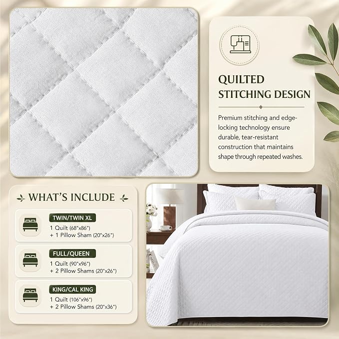 SunStyle Home Twin Quilt Set, Lightweight Bedding Summer Bedspreads,White | Soft Coverlet With 2 Pillow Shams,Morden Style Quilts for All Season, Suitable for Bed,Couch,Bedroom,Guest Room,68"X86"